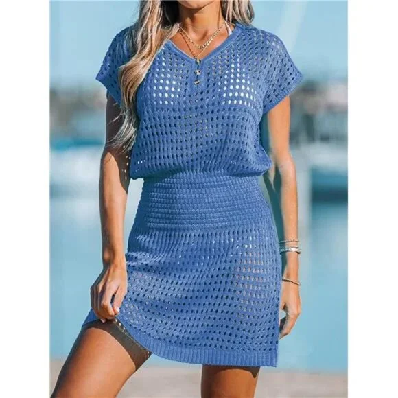 Women's Crochet Swim Cover Up Mini Dress V Neck Beachwear Short Sleeve